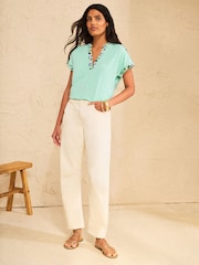 Aqua Blue Abstract Print - Love & Roses Tipped Notch Neck Top - Attēls 3 no 4