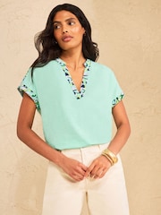 Aqua Blue Abstract Print - Love & Roses Tipped Notch Neck Top - Attēls 4 no 4