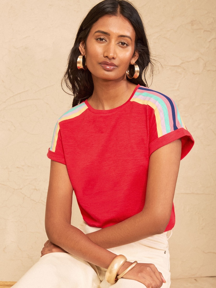 Love & Roses Red Rainbow Shoulder Stripe Crew Neck Jersey T-Shirt - Image 1 of 4