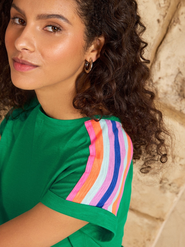 Love & Roses Bright Green Rainbow Shoulder Stripe Crew Neck Jersey T-Shirt - Image 2 of 4