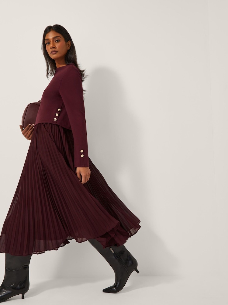 Monsoon Red Penny Long Sleeve Pleated Midi Dress - Image 1 of 6 Monsoon Red Penny Long Sleeve Pleated Midi Dress - Image 1 of 6