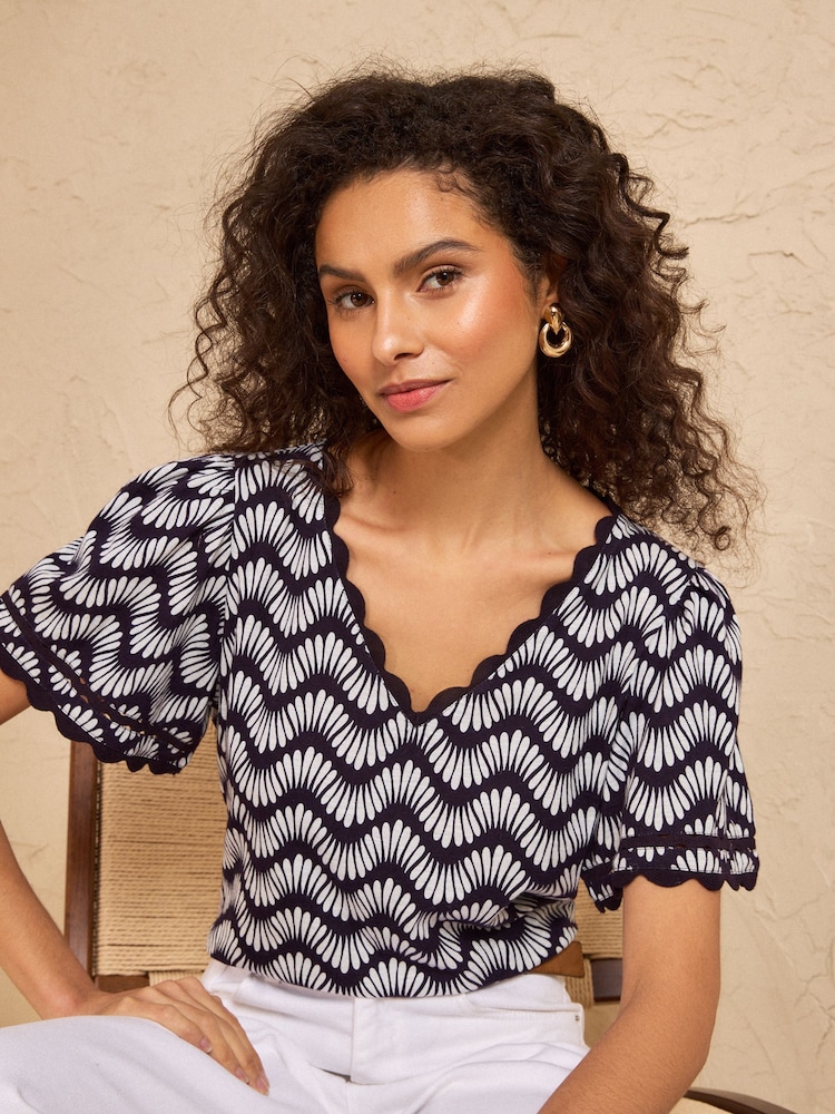 Love & Roses Navy Petal Stripe Petite Scallop T-Shirt - Image 1 of 4