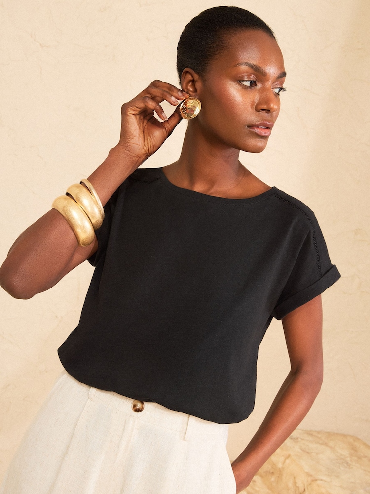Love & Roses Black Lace Trim Petite Crew Neck T-Shirt - Image 1 of 4