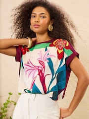 Love & Roses Berry Red Floral Satin Front Jersey Short Sleeve Top - Image 1 of 4