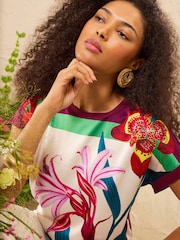 Love & Roses Berry Red Floral Satin Front Jersey Short Sleeve Top - Image 2 of 4