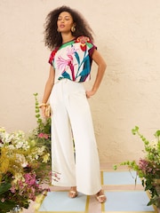 Love & Roses Berry Red Floral Satin Front Jersey Short Sleeve Top - Image 3 of 4