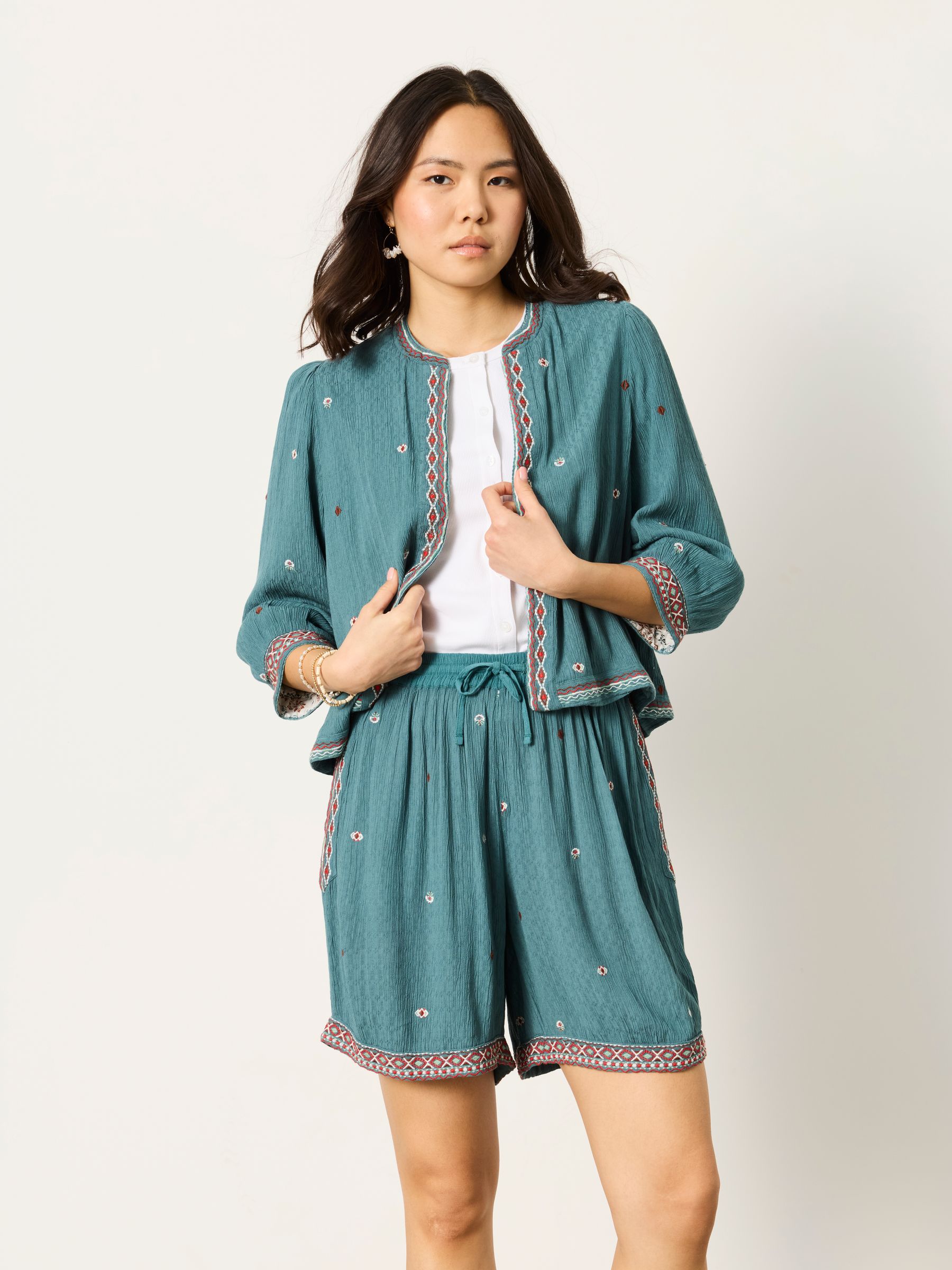 Fat Face Women's Embroidered Jacket - Blue - Viscose Blend