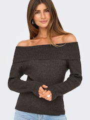 ONLY Brown Off Shoulder Bardot Knitted Jumper - Image 1 of 6