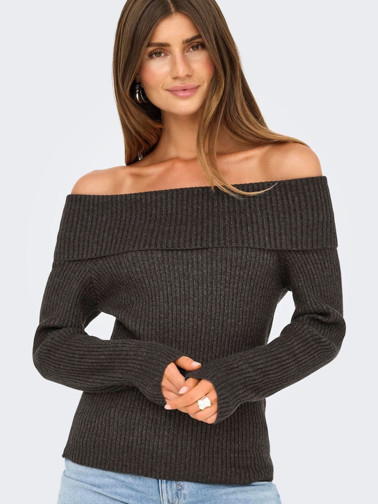 ONLY Brown Off Shoulder Bardot Knitted Jumper - Image 1 of 6