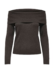 ONLY Brown Off Shoulder Bardot Knitted Jumper - Image 5 of 6