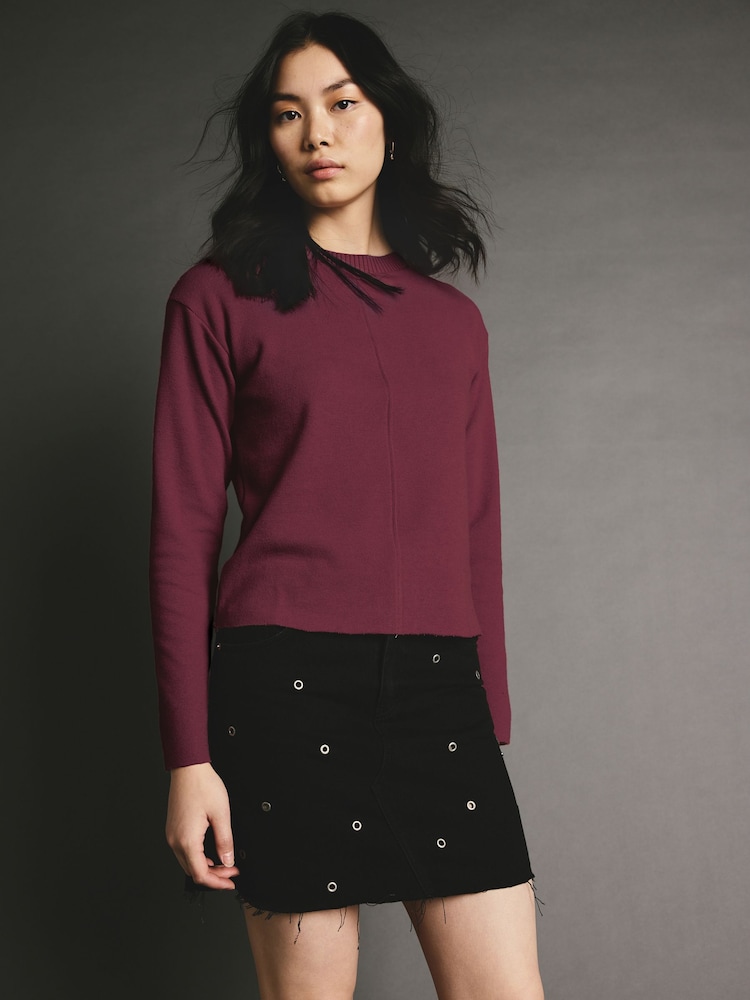 Burgundija Berry rdeča - Cosy Soft Touch Rib Seam Detail okrogel ovratnik; z okroglim ovratnikom pulover - Slika 1 iz 7