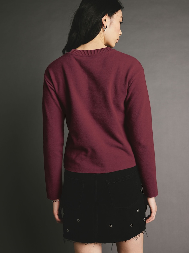 Burgundija Berry rdeča - Cosy Soft Touch Rib Seam Detail okrogel ovratnik; z okroglim ovratnikom pulover - Slika 2 iz 7