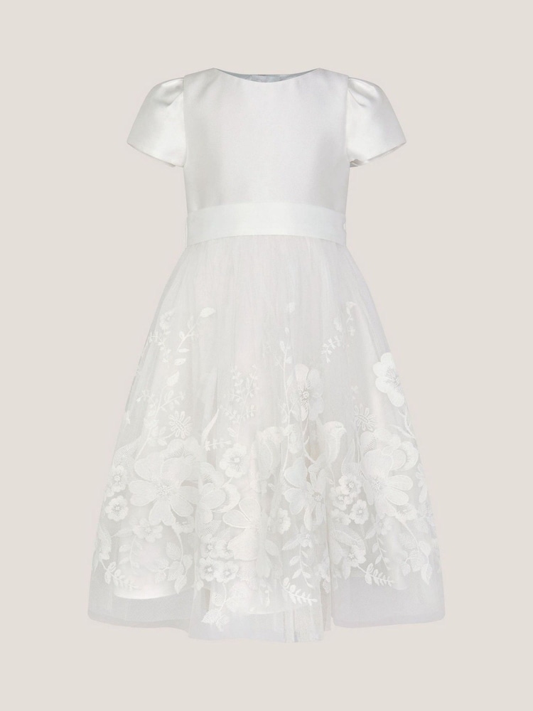 Monsoon Cream Alicia Satin Floral Embroidered Dress - Image 1 of 3