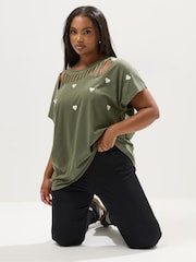 Yours Curve Green Embroidered Slash Detail Top - Image 1 of 5