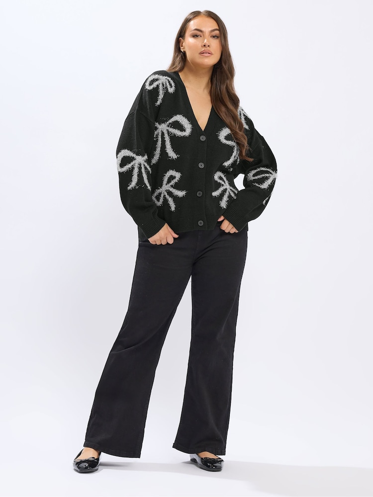 Yours Curve Black Bow Tinsel Cardigan - Image 2 of 5 Yours Curve Black Bow Tinsel Cardigan - Image 2 of 5