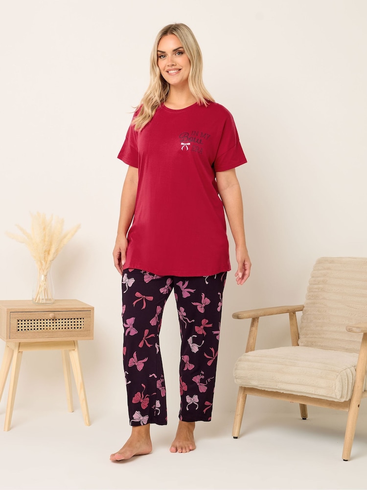 Yours Curve Red Bows Short Sleeve Wide Leg Pyjamas Set - Image 1 of 5