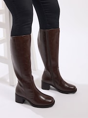 Yours Curve Brown Extra-Wide Fit Square Toe Knee Block Boots - Image 1 of 5