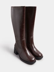 Yours Curve Brown Extra-Wide Fit Square Toe Knee Block Boots - Image 2 of 5