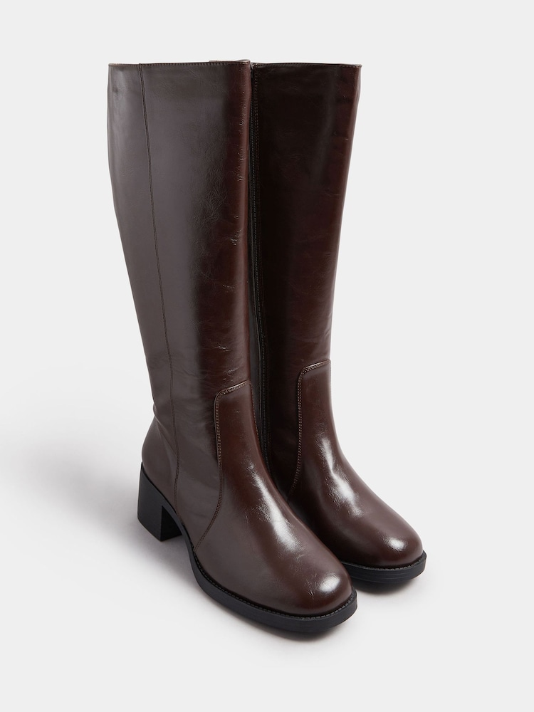 Yours Curve Brown Extra-Wide Fit Square Toe Knee Block Boots - Image 2 of 5