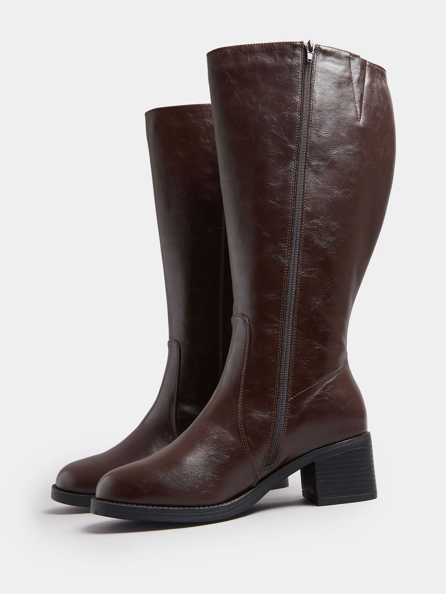 Buy Yours Curve Brown Extra-Wide Fit Square Toe Knee Block Boots