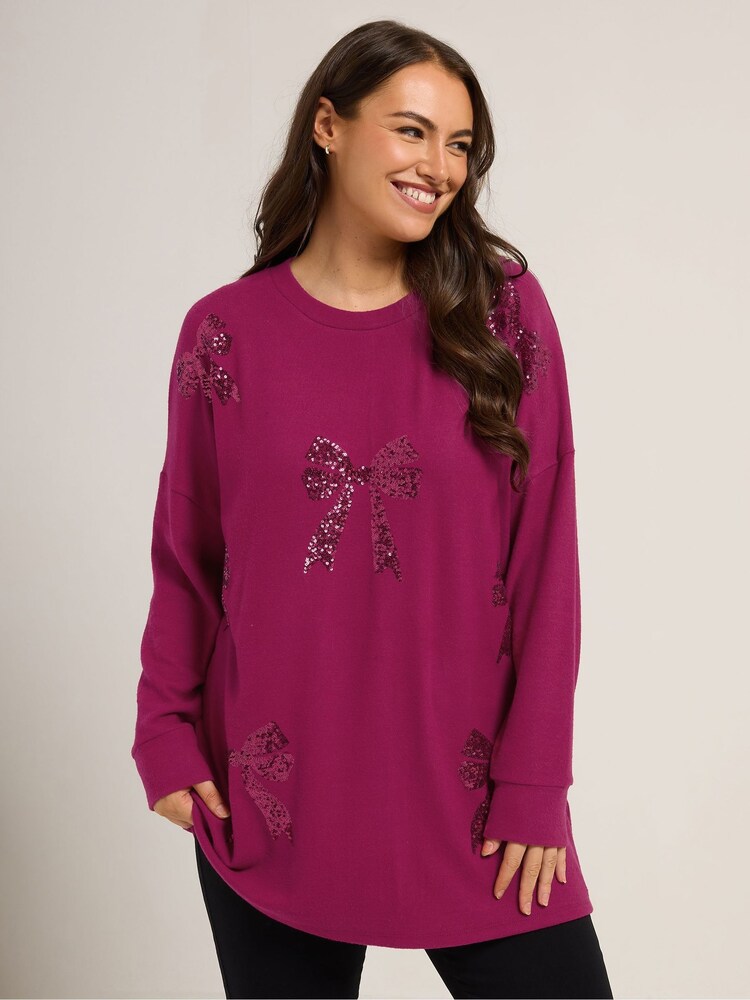 Yours Curve Pink Bow Sequin Jumper - Image 1 of 5
