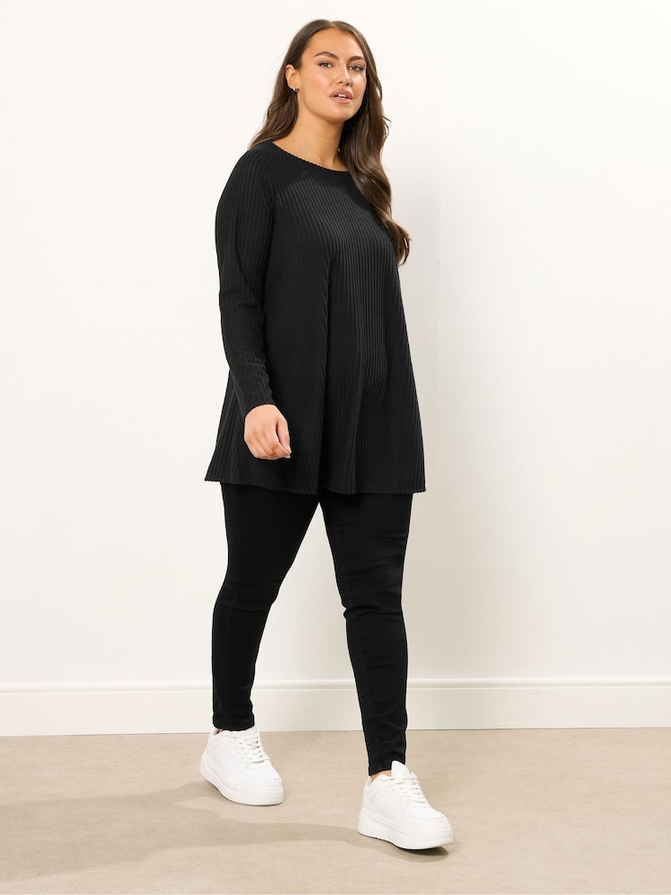 Yours Curve Black Soft Touch Brushed Ribbed Top - Image 2 of 5