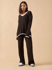 PixieGirl Petite Brown Tipped V-Neck Jumper - Image 1 of 2
