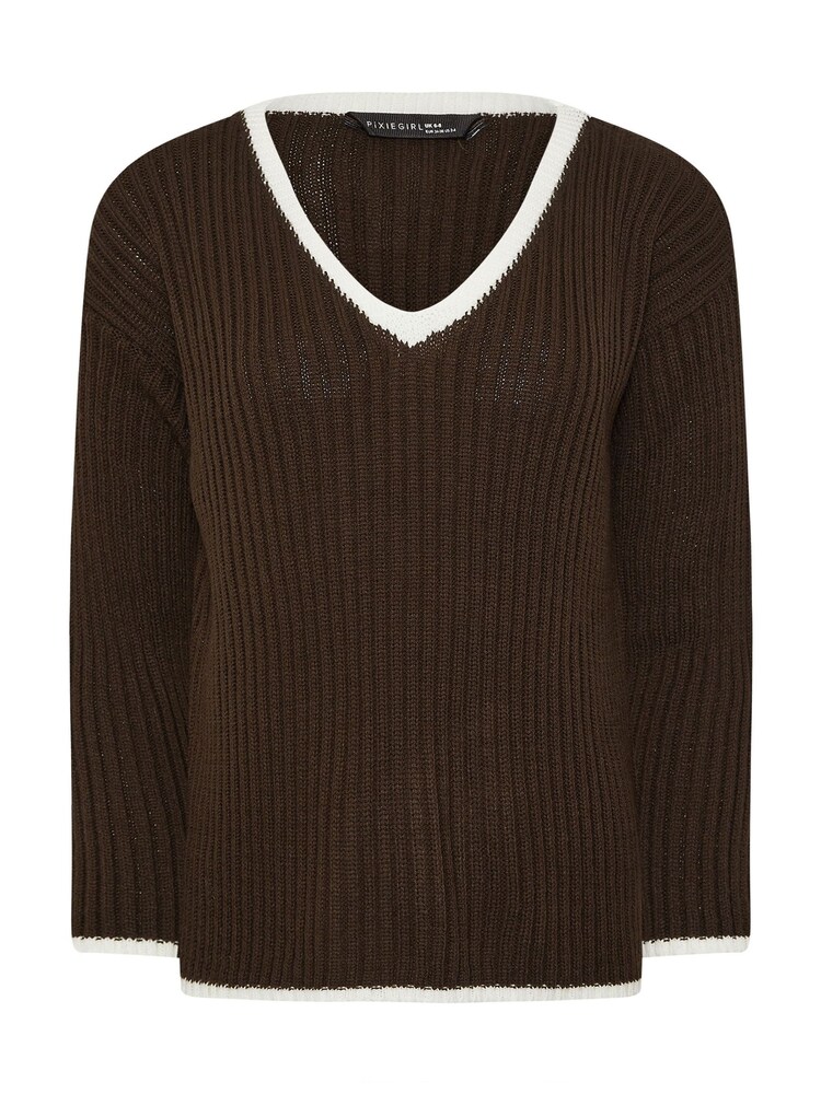PixieGirl Petite Brown Tipped V-Neck Jumper - Image 2 of 2