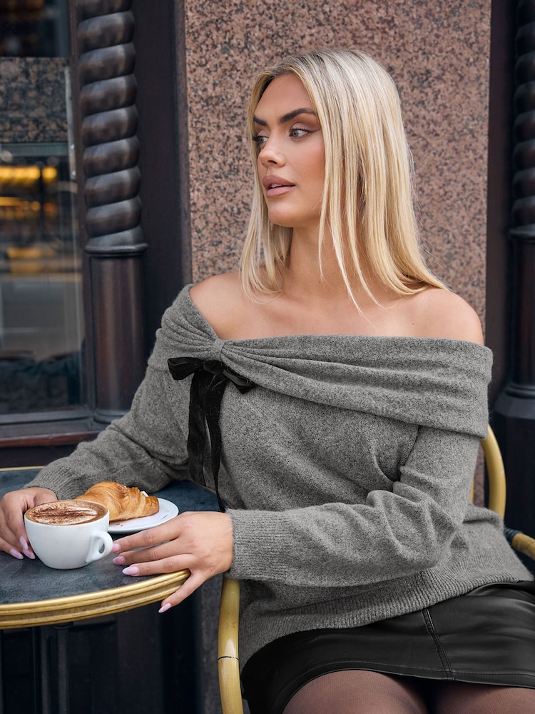 Yours Curve Grey Party Bardot Bow Jumper - Image 1 of 4