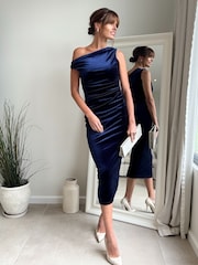 Style Cheat Blue Assymetric Midi Ruched Dress - Image 1 of 4