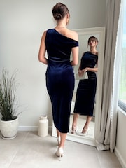Style Cheat Blue Assymetric Midi Ruched Dress - Image 2 of 4