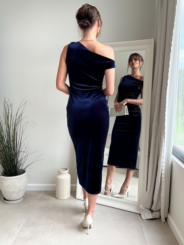 Style Cheat Blue Assymetric Midi Ruched Dress - Image 2 of 4