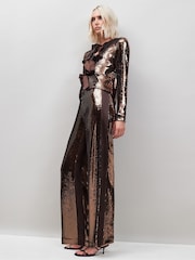 Ro&Zo Brown Sequin Satin Contrast Trousers - Image 1 of 4