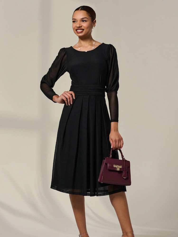 Jolie Moi Black Mesh Puff Long Sleeve Midaxi Dress - Image 1 of 6