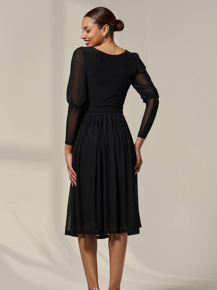 Jolie Moi Black Mesh Puff Long Sleeve Midaxi Dress - Image 2 of 6