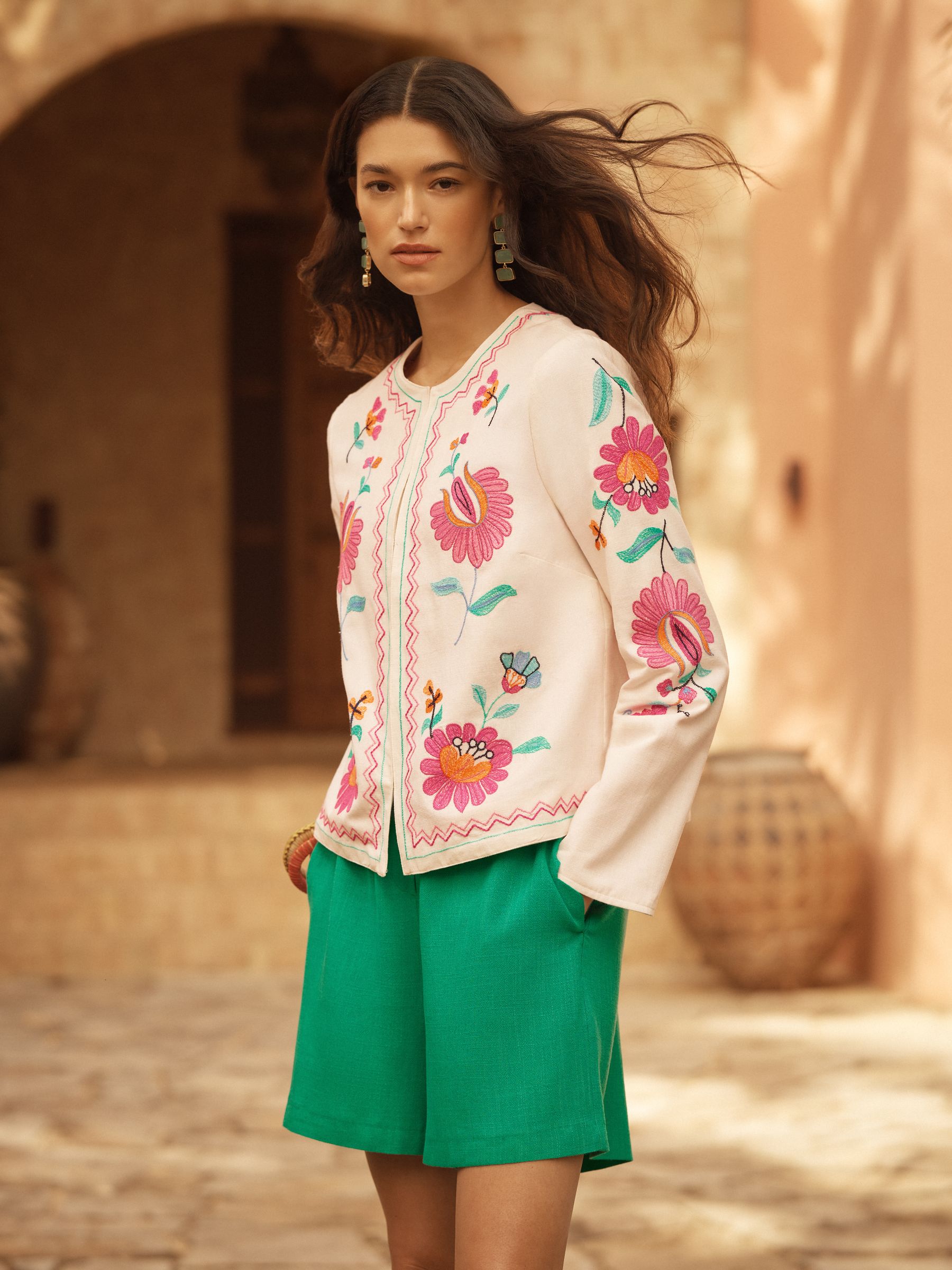 Buy Love & Roses Floral Ecru Embroidered Short Jacket from the