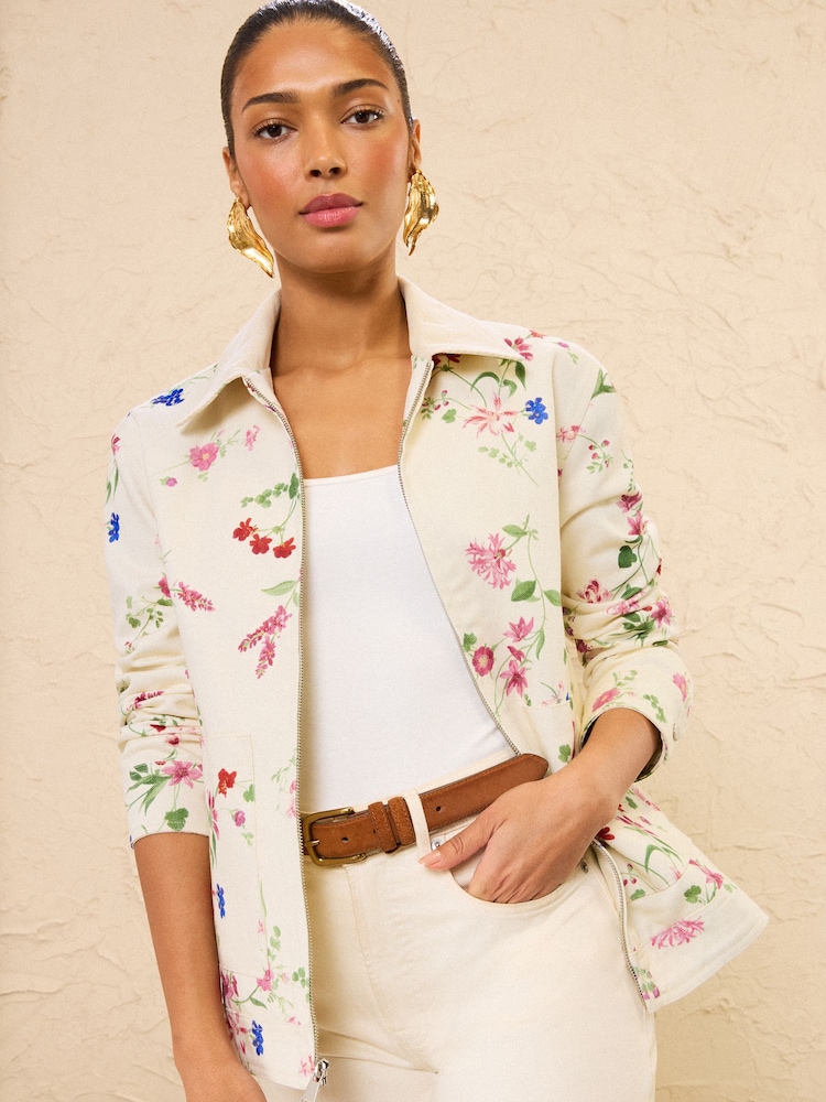 Love & Roses Ecru Floral Denim Barn Jacket - Image 1 of 4