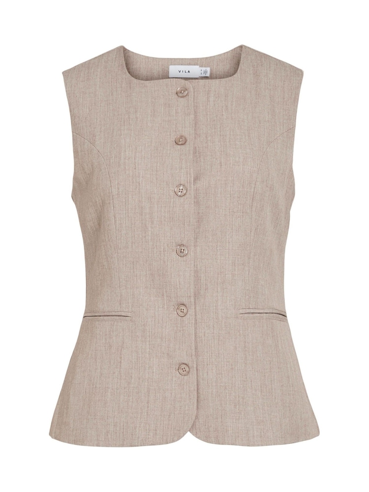 VILA Brown Sleeveless Square Neck Long Vest - Image 1 of 2