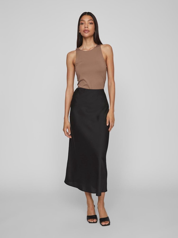 VILA Black Satin High Waisted Midi Skirt - Image 1 of 4 VILA Black Satin High Waisted Midi Skirt - Image 1 of 4
