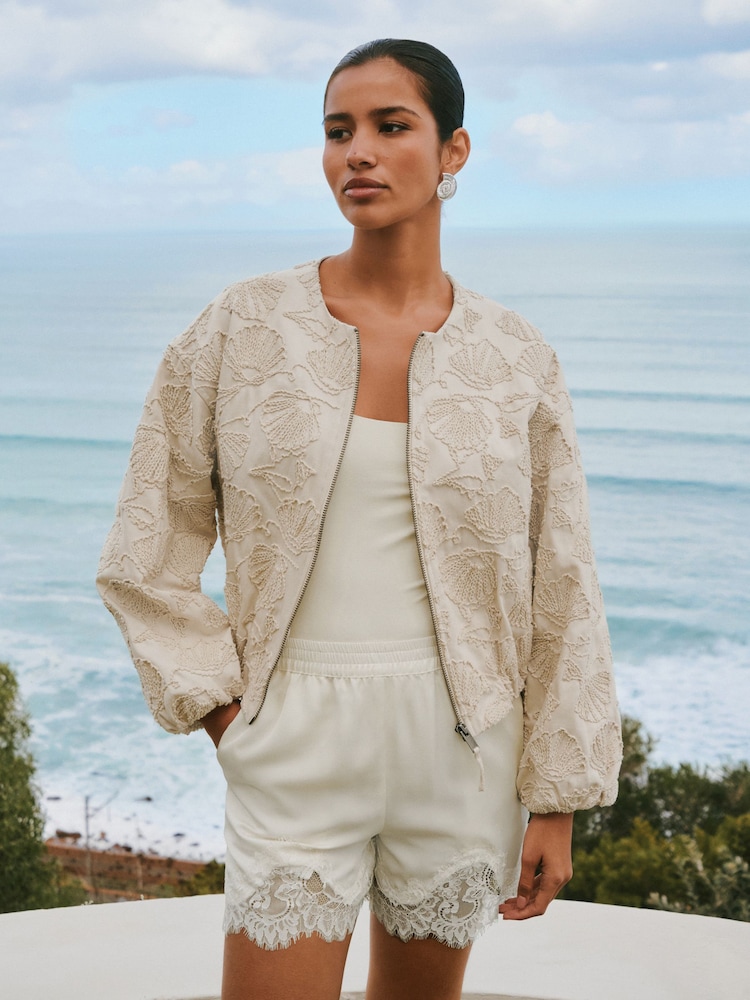 Ecru Embroidered Cotton Zip Through Jacket - Image 1 of 8