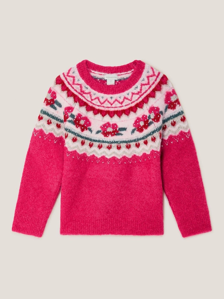 Monsoon Pink Rhinestone Floral Fair Isle Jumper - Image 1 of 3 Monsoon Pink Rhinestone Floral Fair Isle Jumper - Image 1 of 3