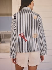Blue and White Stripe Cotton Stripe Embroidered Jacket - Image 4 of 9