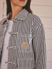 Blue and White Stripe Cotton Stripe Embroidered Jacket - Image 6 of 9