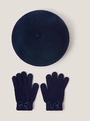 Monsoon Blue Bow Wool Beret & Gloves Set - Image 1 of 2