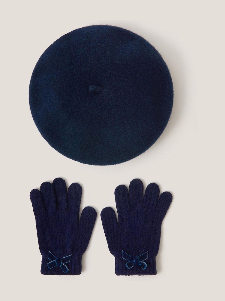 Monsoon Blue Bow Wool Beret & Gloves Set - Image 1 of 2