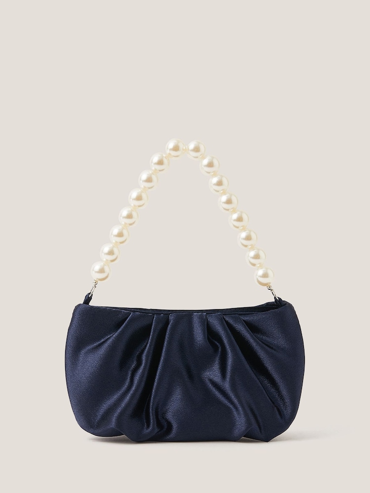 Monsoon Blue Pearl Strap Satin Party Bag - Image 1 of 4 Monsoon Blue Pearl Strap Satin Party Bag - Image 1 of 4