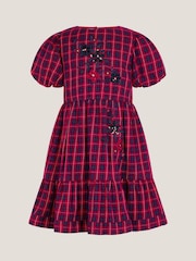 Monsoon Red Floral Tartan Puff Sleeve Dress - Image 1 of 3