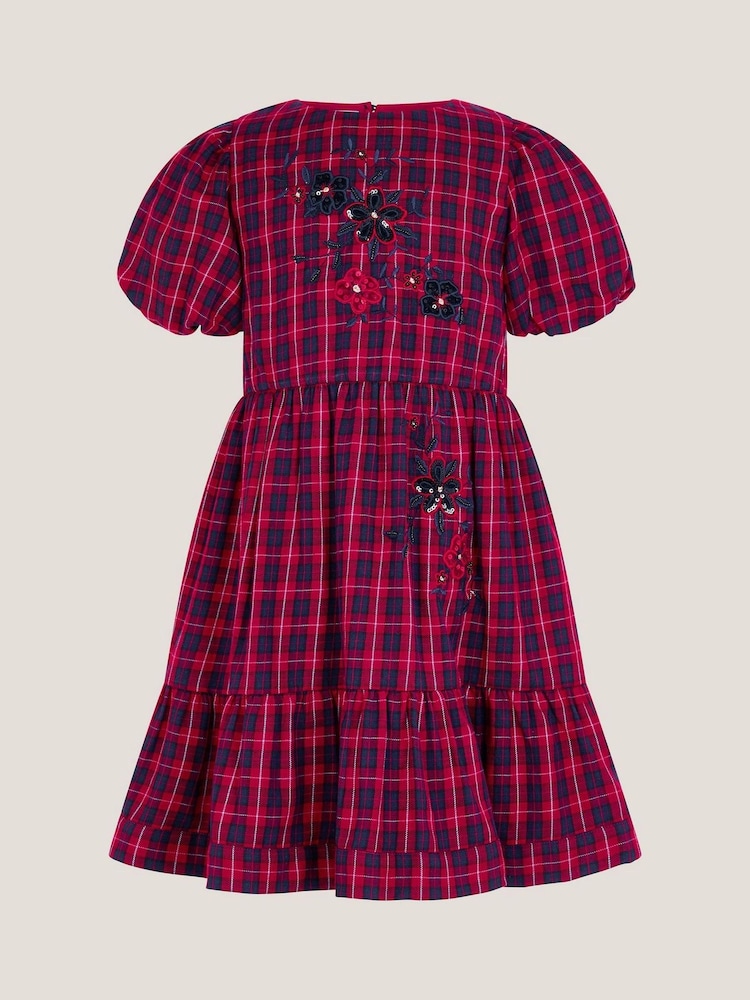 Monsoon Red Floral Tartan Puff Sleeve Dress - Image 1 of 3