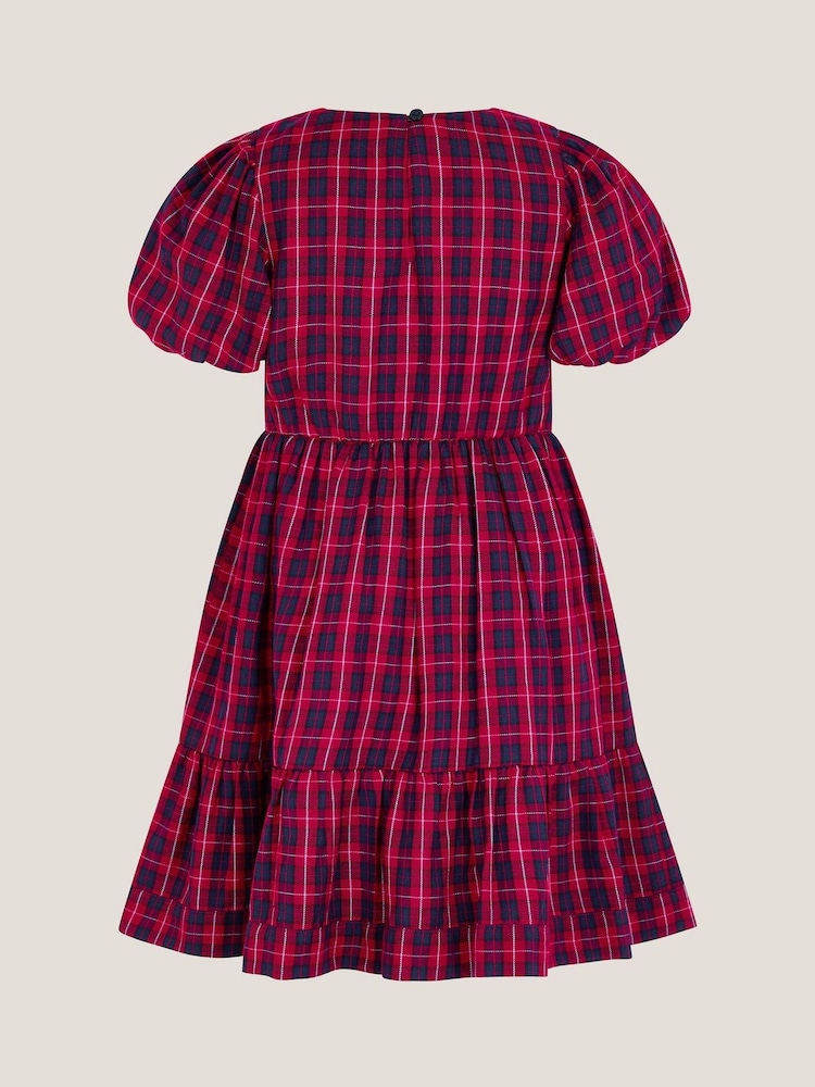 Monsoon Red Floral Tartan Puff Sleeve Dress - Image 2 of 3