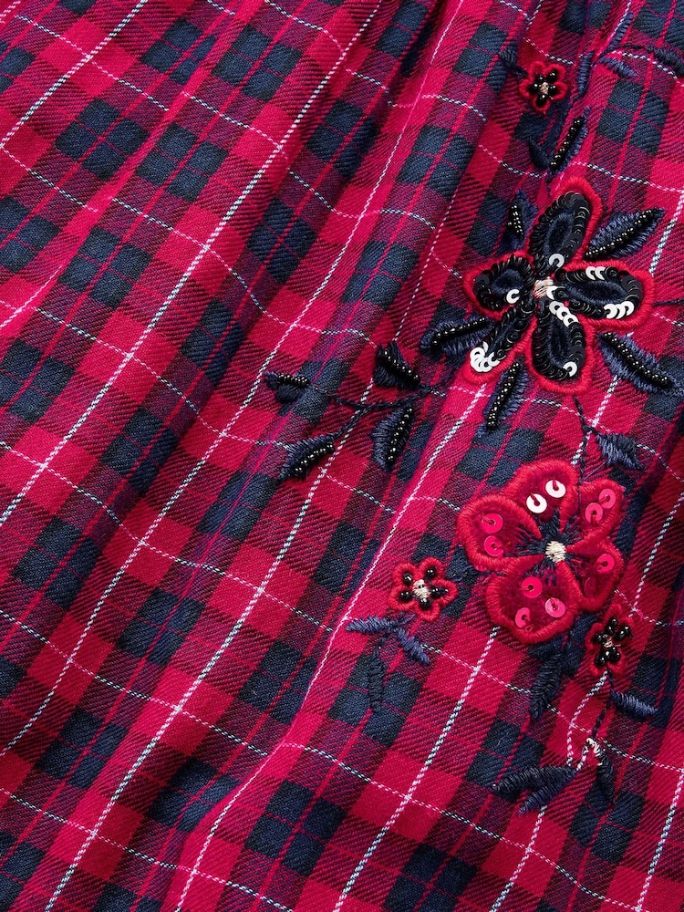 Monsoon Red Floral Tartan Puff Sleeve Dress - Image 3 of 3
